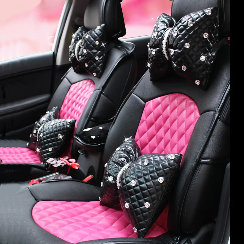 

Cute Diamond Bowknot PU Leather Car Neck Pillow Waist Support Pillows Auto Headrest Crystal Rhinestone Car Accessories for Girls