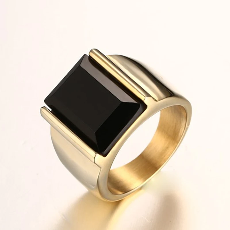 Meaeguet Vintage Black Onyx Stone Rings Gold-color Stainless Steel Wedding Band Rings For Men Never Fade USA Size 7-12