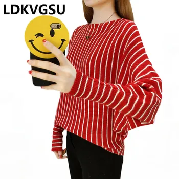 

2018 Spring Autumn New Loose Large Size Women Pullover Sweater Fashion Vertical Striped Snash Neck Bat Sleeve Knit Sweater Is980