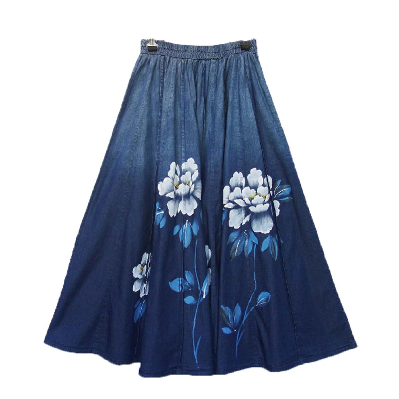 Faldas largas de tela vaquera para mujer, faldas largas de cintura elástica, línea A, con flores pintadas a mano, para y primavera, Envío Gratis, 2019|Faldas| - AliExpress