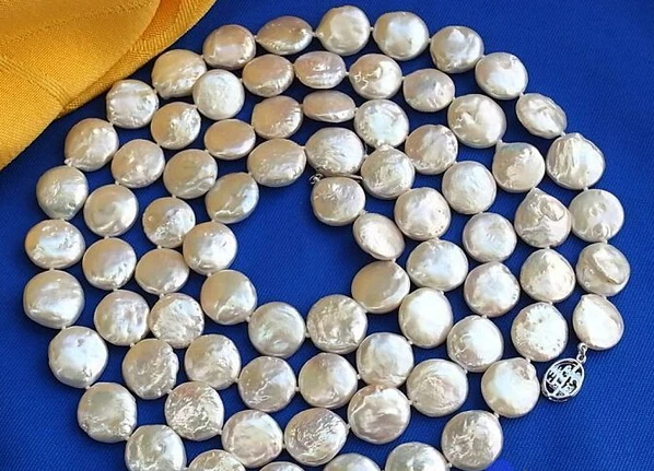 

huij 003695 LONG 46" 14MM COIN WHITE FRESHWATER CULTURED PEARL NECKLACE