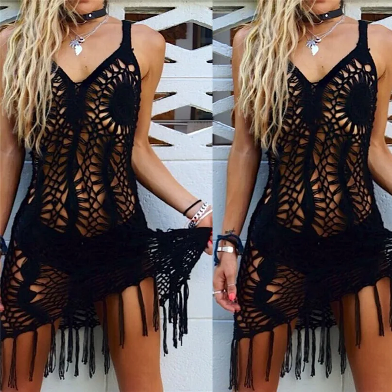 2018 Summer Women Dress Beach Tassel Dress Sleeveless Skirt Beach pareo Swimwear V neck Loose Beach wear #3j03#F (5)