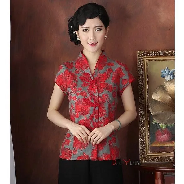 

New Arrival Red Chinese Tradition Women's Shirt Summer Short Sleeve Blouse Tops Flower Plus Size M L XL XXL 3XL 4XL TY-01