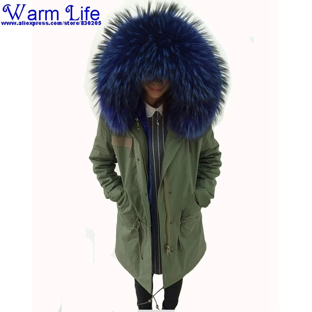 Cheap UPS Free Women Winter Parkas Army Green Detachable Faux Fur Liner Large Real Raccon Fur Collar Thickening Long Jacket Outerwear