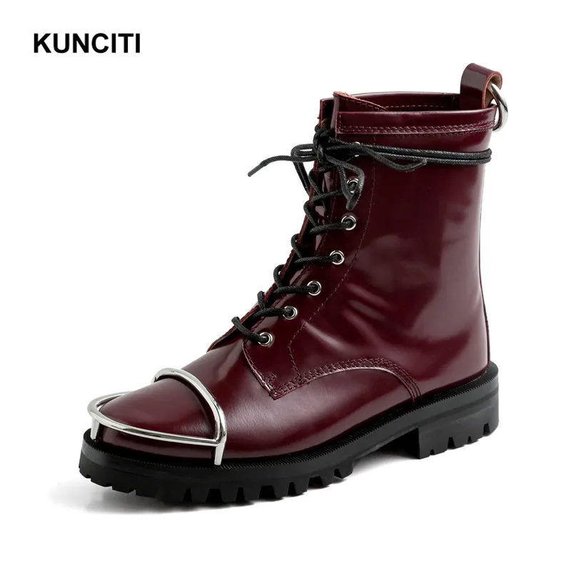 

2019 KUNCITI Women Genuine Leather Boots Lace Up Martin Boots Metal Tip Ladies Motorcycle Shoes European Fashion Designer D926