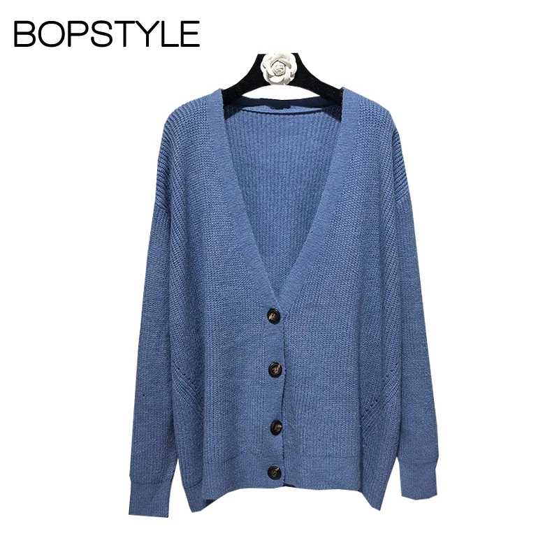 

Fall 2018 New Women Pink/Blue/Brown V Neck Solid Color Knit Cardigan Sweater With Front Button - Ladies Loose Oversize Sweater