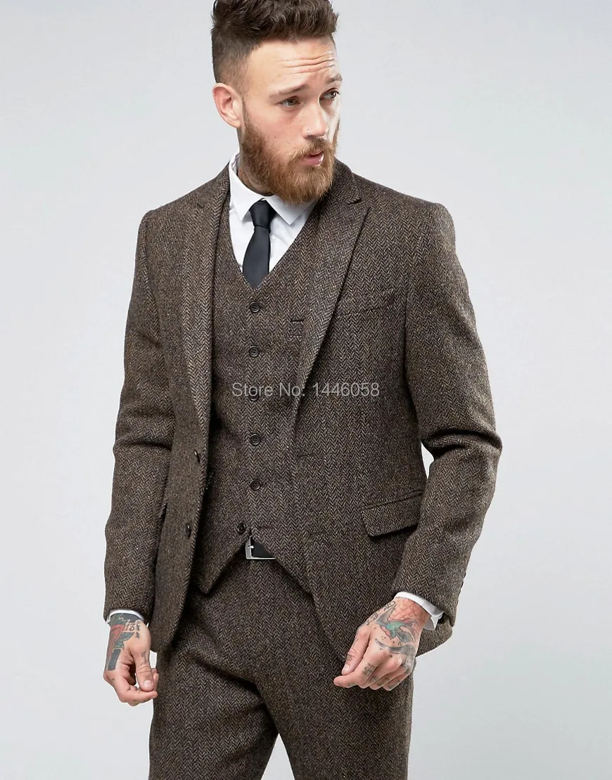 

2018 New Custom Made Costume Homme Ternos Slim Fit Winter 3 Piece Men Suits Business Groom Tuxedos Wedding Tweed Suit