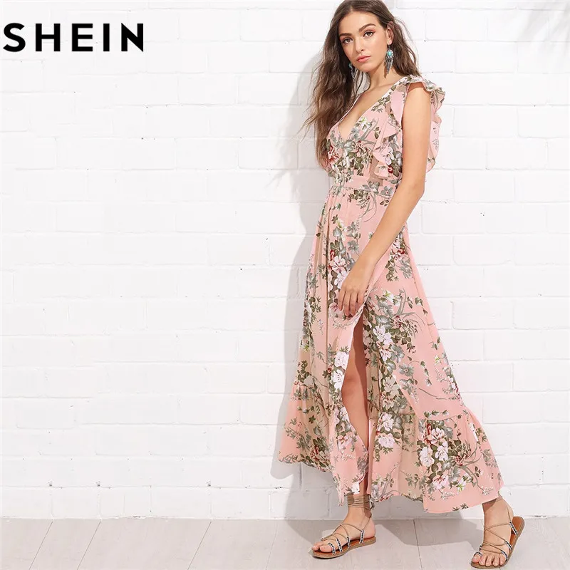 SHEIN Womens Pink Boho Sleeveless V Neck Floral Maxi Dress Summer New