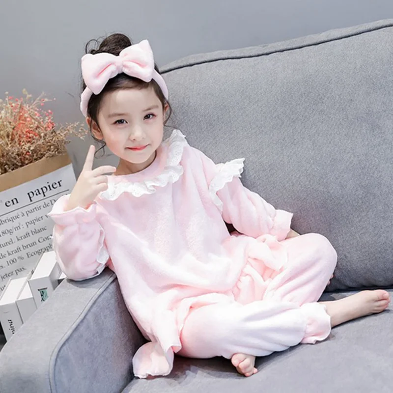 Children Baby Winter Girl Lace Pajama Set Cute Bow Headwear + Long Sleeve Flannel Tops + Pants