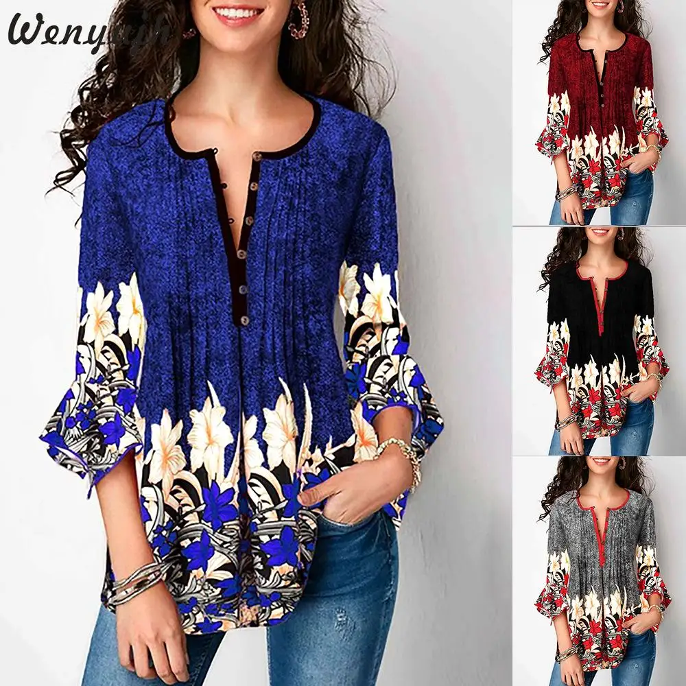 

Wenyujh Women Blouses 2019 Fashion Seven-Quarter Sleeve O Collar Button Office Loose Shirts Chiffon Blouse Casual Shirt Tops