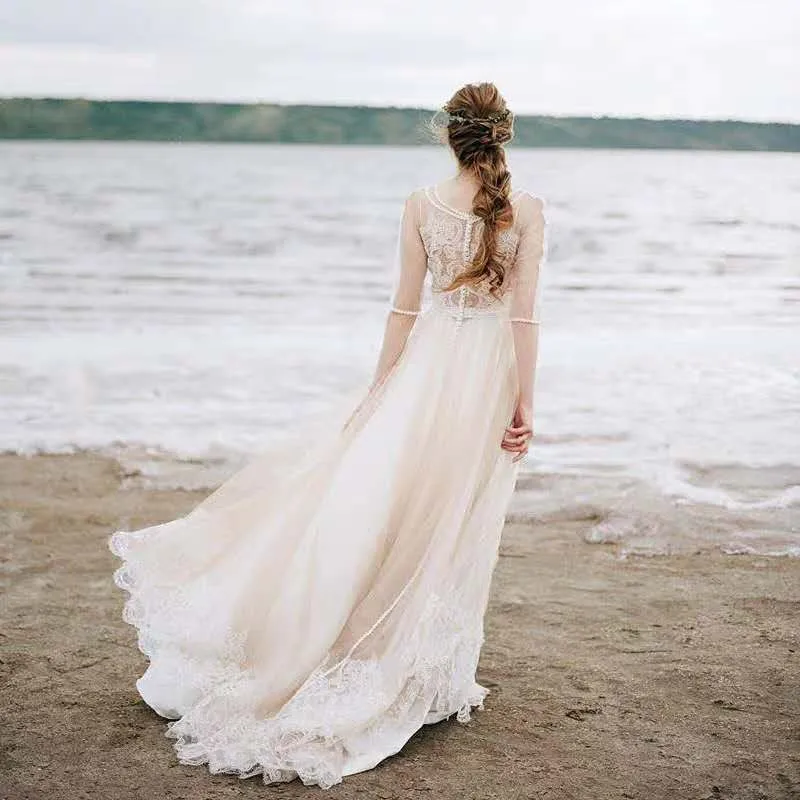 Vestido De Noiva элегантное пляжное свадебное платье в стиле бохо кружевное вечернее платье с фатиновой юбкой аппликации романтические Простые Свадебные платья