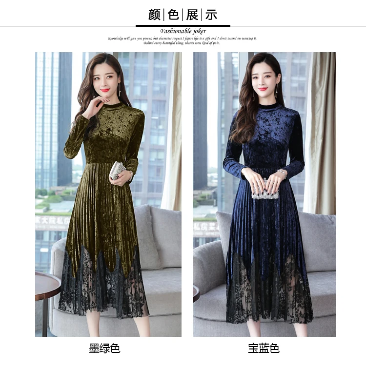 Осень Зима нового размера плюс винтажные кружевные макси платья новые корейские женские облегающие золотые бархатные миди платья вечерние подиумные платья