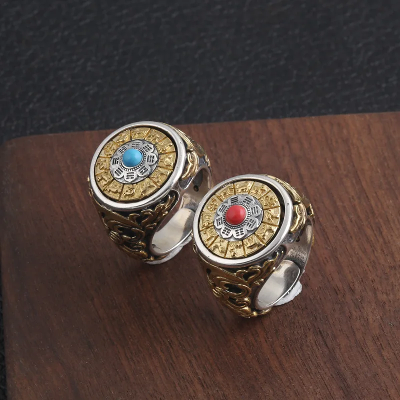 Тибетский Будда 925 пробы серебряные ювелирные изделия шесть слов 'мантровые кольца с камнями для женщин и мужчин Ом Багуа вращающийся