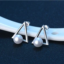 JEXXI Geometric Triangle Shape Simple Silver Plated Imitation Pearl Stud Earrings For Women Fashion Ear Jewelry Accessories