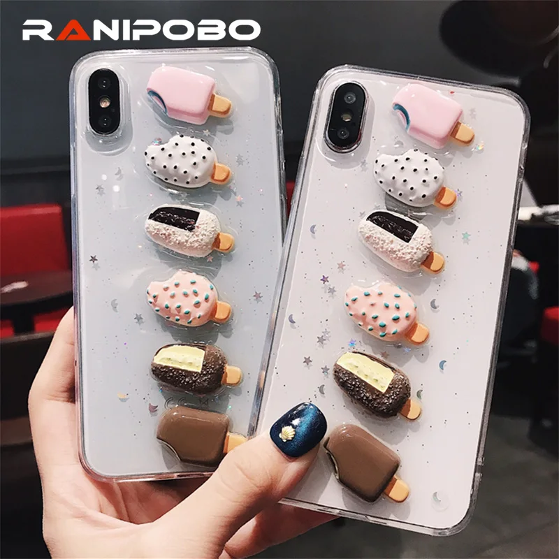 

Cute 3D Summer Ice Cream Phone Case For iphone X XS XR XM 6 6S Plus 7 8 Plus Transparent Soft TPU Glitter Bling Back Covers