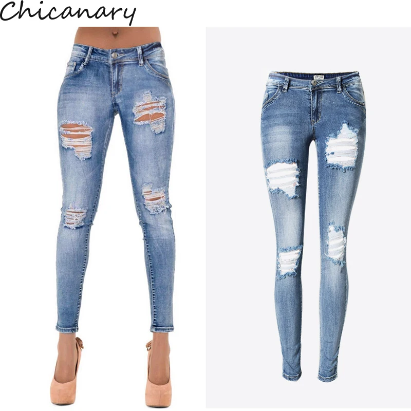 Women s Low Waist Slim Stretchy Denim Full Length Pants Washed Distressed Hole Ripped Skinny Jeans