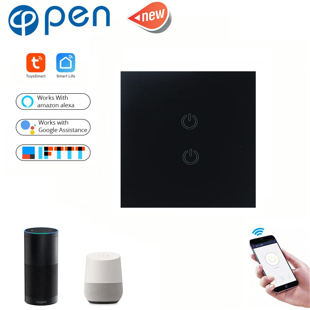 

Tuya 2 Gang Wifi touch wall Switch light switch Global control compatible with Amazon Alexa,Google home for Smart home