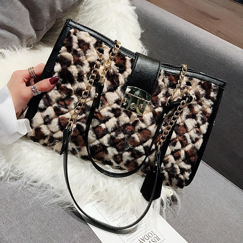 

Faux Fur Diamond Lattice Luxury Handbags Women Bags Designer Leopard Shoulder Bag Large Capacity Crossbody Bags Women Sac a main