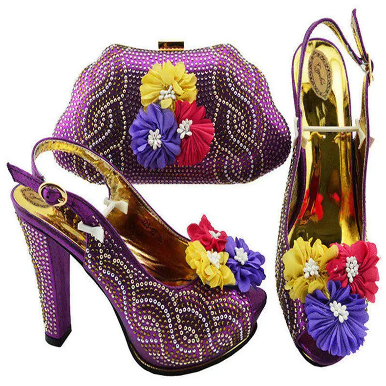 Летние женские туфли-лодочки в нигерийском стиле; комплект из обуви и сумки в африканском стиле; модные вечерние туфли на высоком каблуке и сумочка в комплекте - Цвет: Фиолетовый