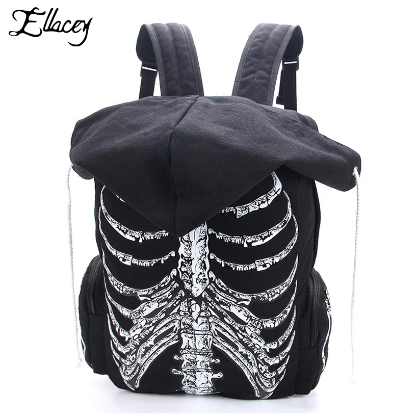 Ellacey 2018 Canvas Backpack Men Women Skull Bone Print Backpack Hood Black Canvas School Bag Fashion Outdoor Large Backpack цена Ellacey 2018 Canvas Backpack Men Women Skull Bone Print Backpack Hood Black Canvas School Bag Fashion Outdoor Large Backpack цены онлайн