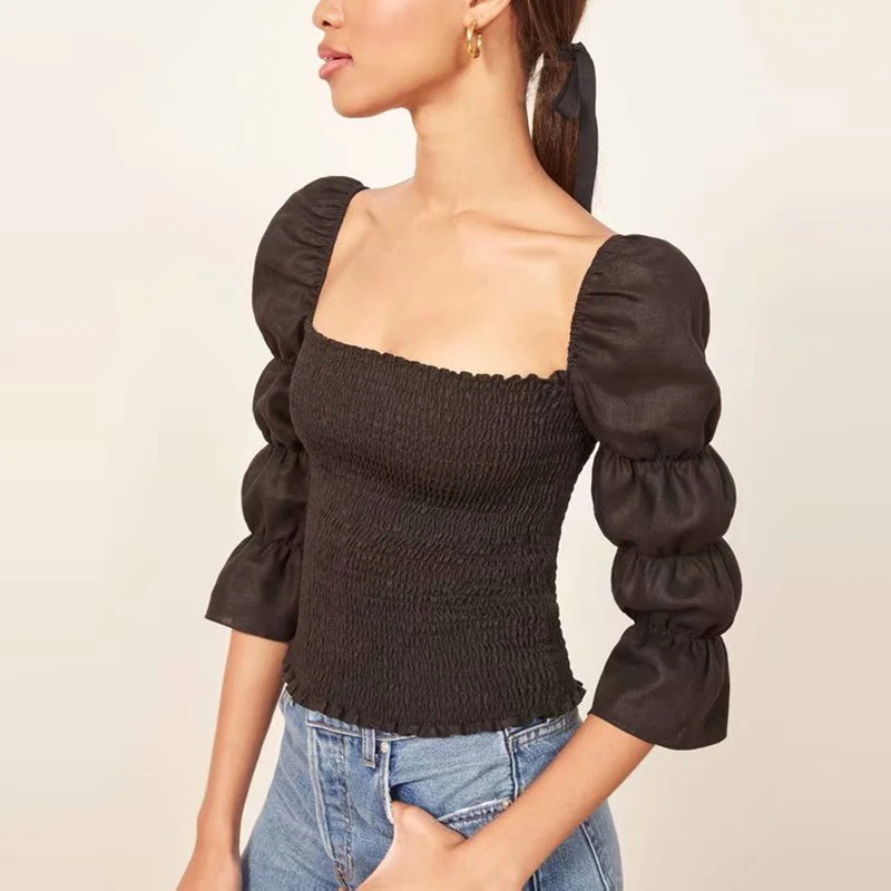 

High Elastic Women Three Quater Lantern Sleeve Top T-shirt Solid Square Collar Vintage Skinny Top T-shirt