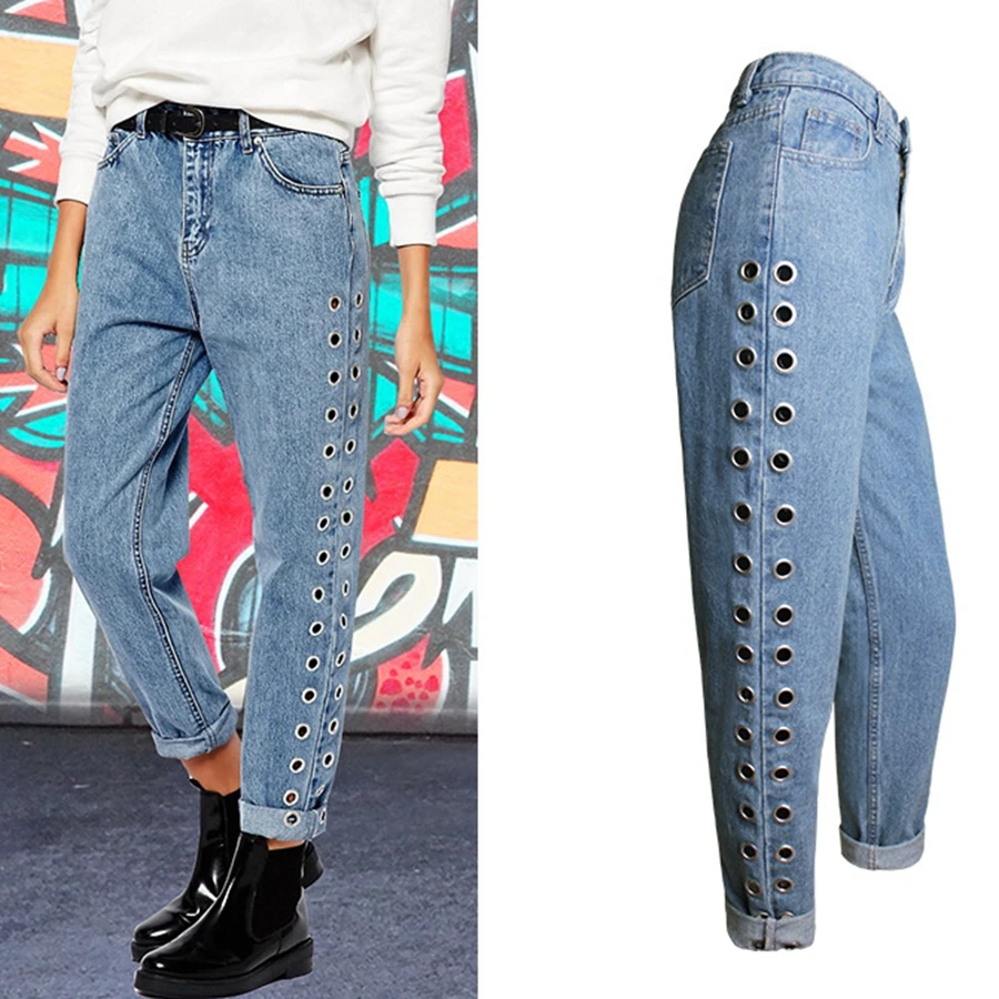 Spring Vintage Casual Loose Boyfriend Jeans For Women High Waist Jeans Rivet Eyelet Denim Mom Jeans Bottoms