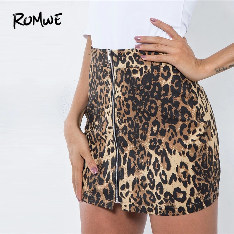 ROMWE юбка на молнии с леопардовым принтом сексуальная летняя короткая облегающая юбка Гламурная модная женская прямая юбка со средней талией