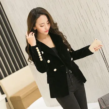 

Fashion New Brand Spring Women Slim Velvet Blazer Jacket Double Breasted Simple Lady Blazers High Grade OL Clothing