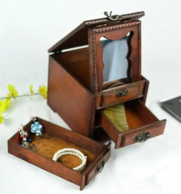 Copper Statue Classic antiquity belt mirror wooden jewel box dressing box compound desktop storage box 5