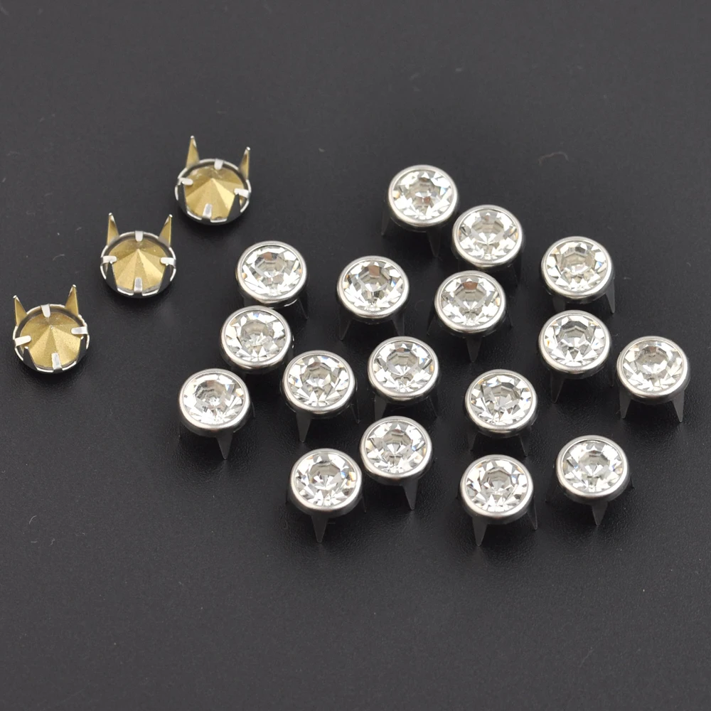100pcs/lot 9mm glass stone rivets bass rhinestone prong rivets diamond