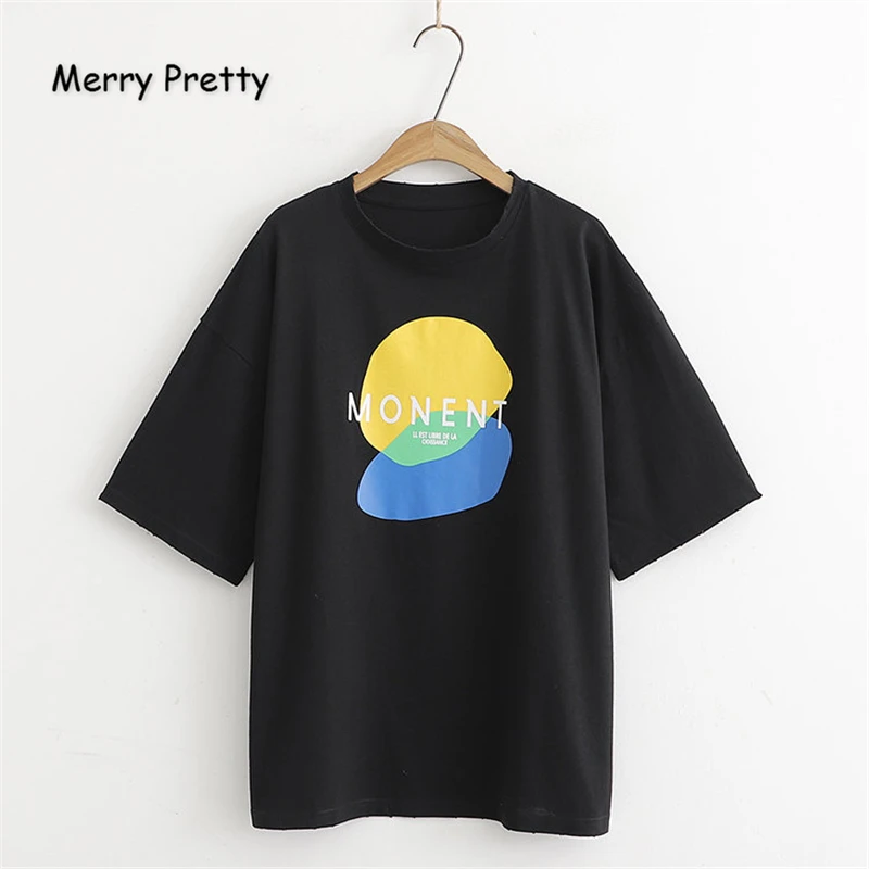 

Merry Pretty Women Letter Print Long T Shirts 2019 Summer Short Sleeve O-Neck Cotton T Shirt Femme Casual Loose Tops Tees