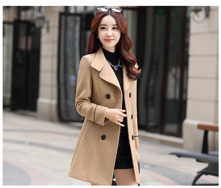 Осенне-зимнее Новое двубортное тонкое женское пальто средней длины с отворотом, модное шерстяное пальто, женские пальто, зима AL965