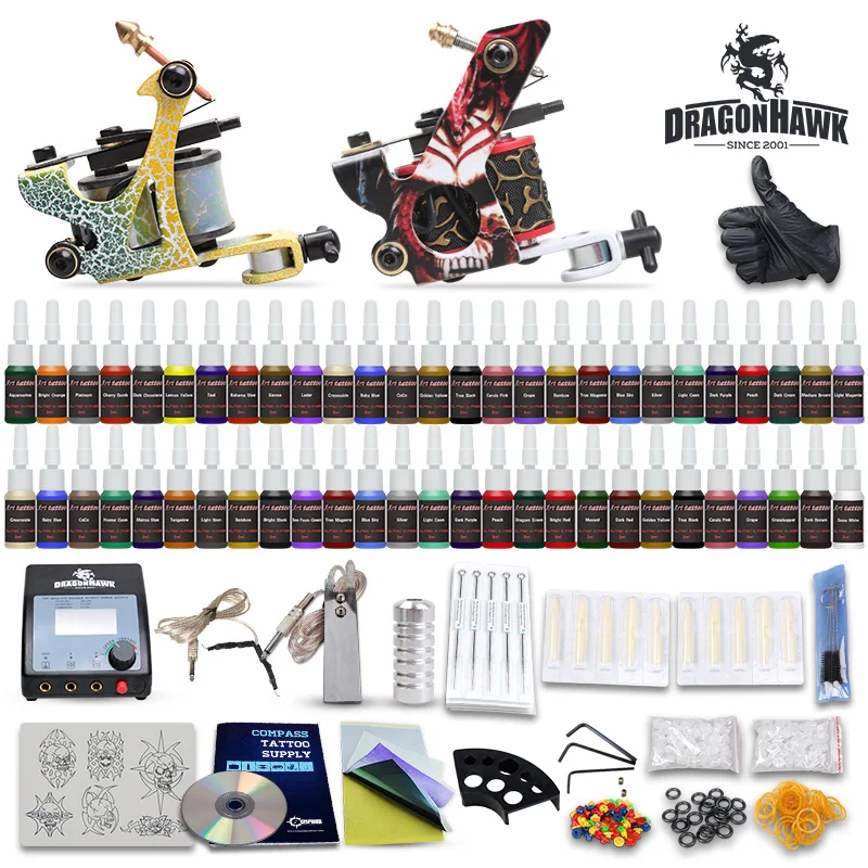 Top Selling Tattoo Kit 2 Machines Guns 54 Color Ink Power Supply Needles Set Equipment D100-7 hot selling black handle mouth gas guns lpg guns for jewelry processing equipment goldsmith s tools buy more discount more