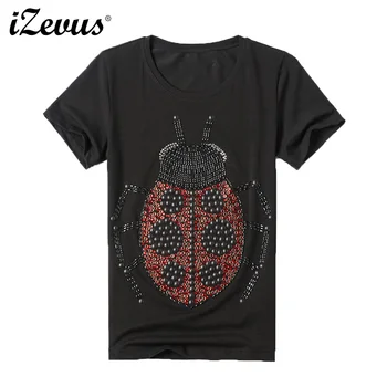 

IZEVUS Summer Round neck fashion T-shirt Diamond-encrusted Beaded Fine Heavy Industry Short-sleeved Cotton Lady T-shirt