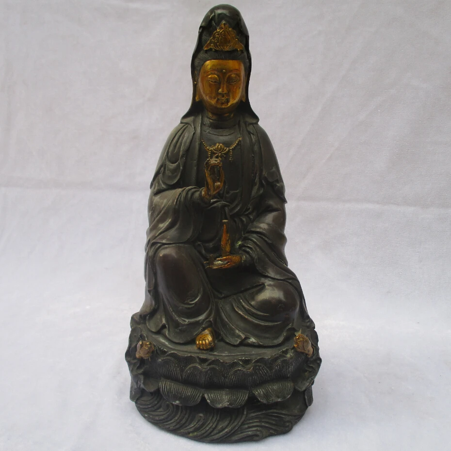 

Collectible Chinese Decorated Old Copper Carved Sitting lotus Gold gilt Guanyin Sculpture /Antique Big Guanyin statue