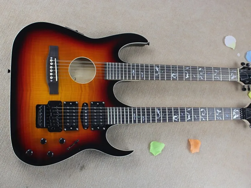 High Quality Double Neck Head Acoustic Electric Guitar,Gloss Red Electric Guitar,Active