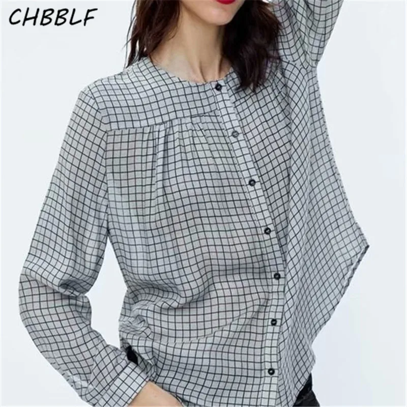 CHBBLF women vintage plaid loose blouse long sleeve o neck basic shirts ...