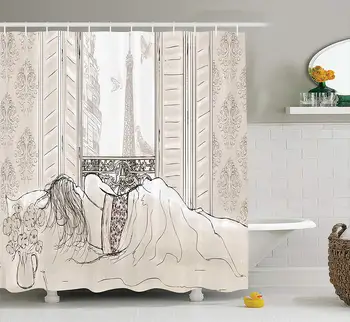 

Paris Decor Shower Curtain Parisian Woman Sleeping With The View Of Eiffiel Tower From Window Romance Skecthy Modern