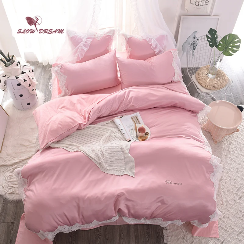 SlowDream Pink Luxury Lace Silk Bedding Set Comfort Duvet Cover Set