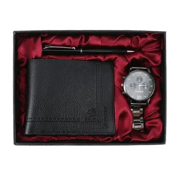 Set de regalo para reloj de hombre, bolígrafo PU, BILLETERA, reloj de cuarzo, negocios, BILLETERA, negro