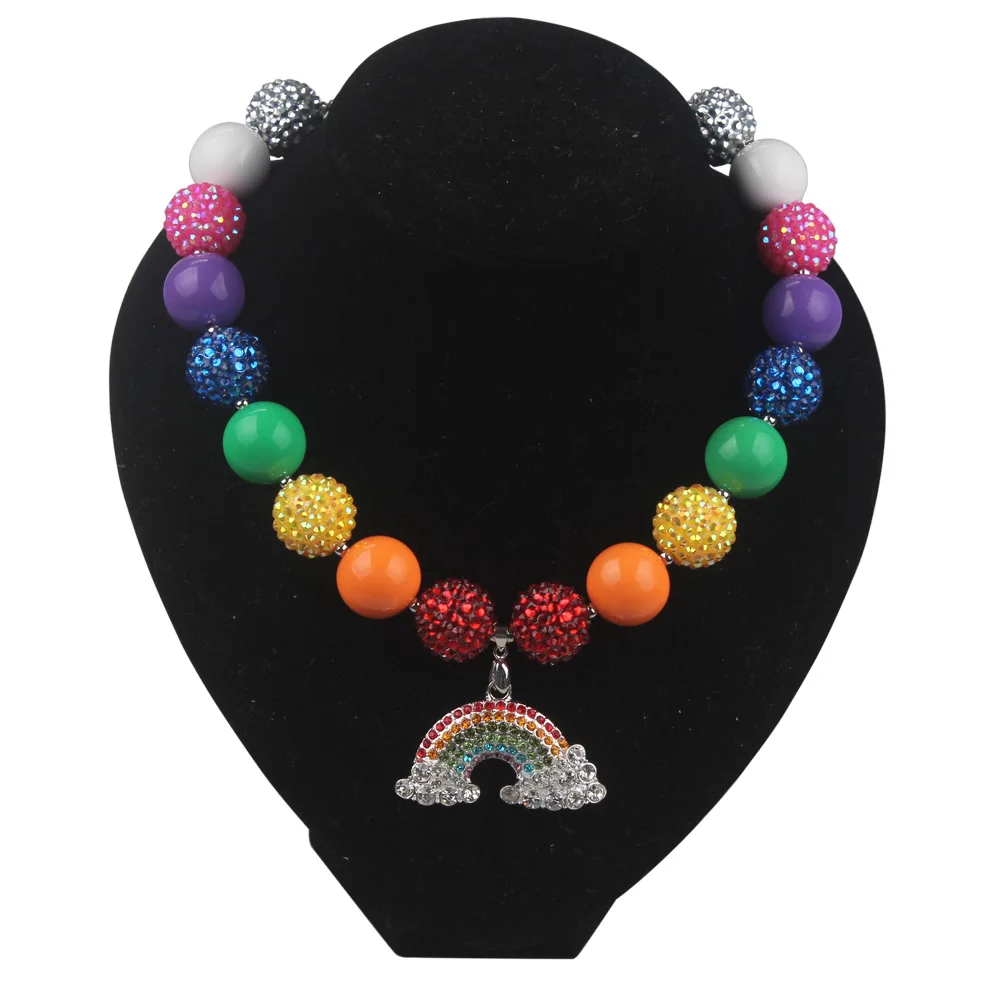 

New Arrival Girls Fancy Dress Outfit Jewelry Accessories Alloy Rainbow Pendant Necklace Kids Chunky Bead Bubblegum Necklace