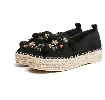 

BONJEAN Fashion Crystal Embellished Flat Shoes Woman Round Toe Rope Braided Flat Platform Rhinestones Fashion Loafers Black