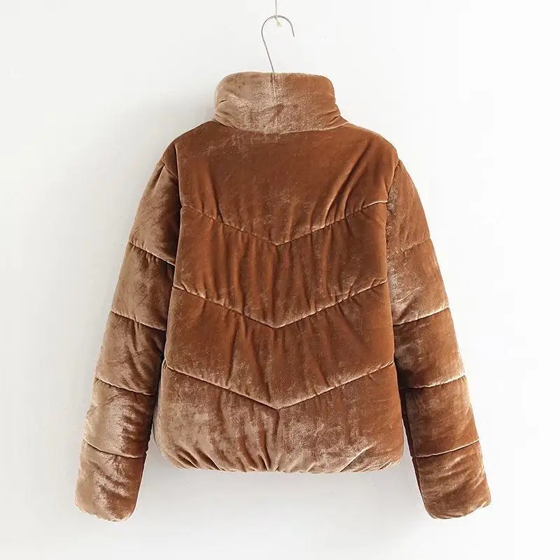 Зимняя женская однотонная бархатная пуховая парка, пальто, модная Водолазка с длинным рукавом, теплая куртка, милая Осенняя короткая куртка