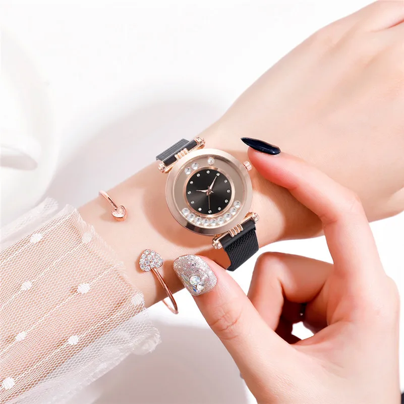 Роскошные женские часы, модные, с бусинами, мозаика, алмаз, кварцевые наручные часы с сетчатым ремешком, с магнитной пряжкой, женские часы/C