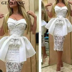 Пикантные белые кружево Короткие коктейльные платья 2019 Vestido de festa Курто Милая чай Длина Оболочка Вечеринка платье с баской