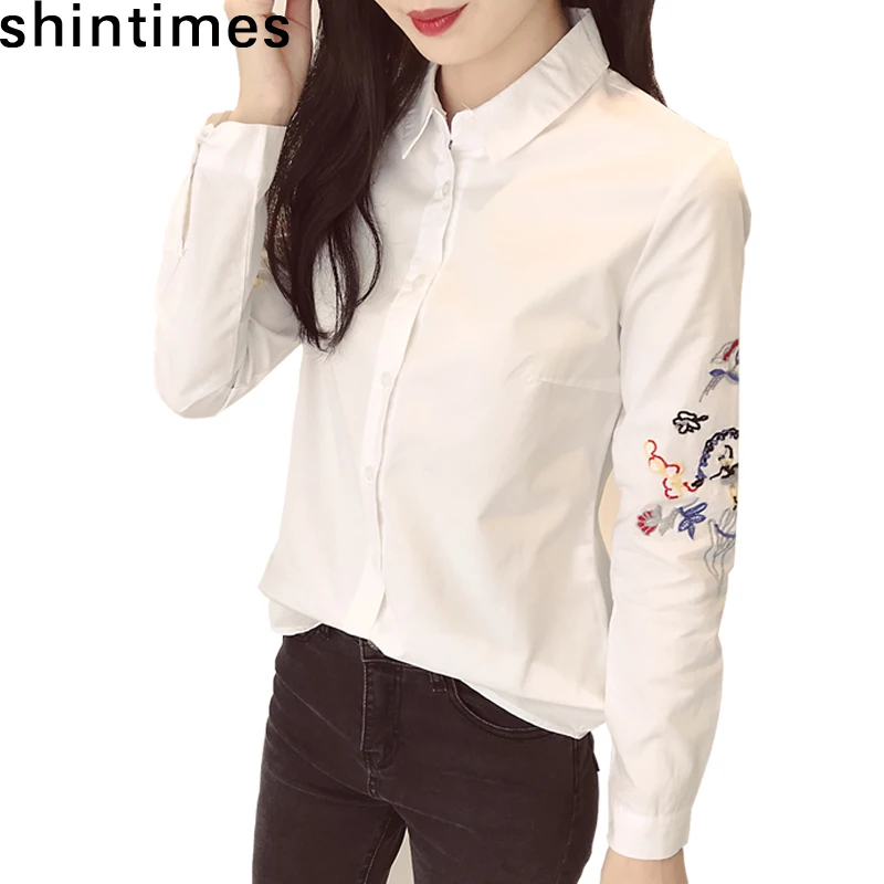 

Blusas Femininas Elegant Ladies Tops 2019 Autumn Fashion Turn-down Collar Chiffon Embroidery Shirts Long Sleeve White Blouses