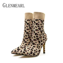 Women Boots Winter Shoes High Heels Sexy Leopard Print Woman Ankle Boots Pointed Toe Slip On Brand Female Casual Shoes Knitting fedonas brand socks boots women high heels round toe party weddding shoes woman autumn winter high slip on stretch boots pumps