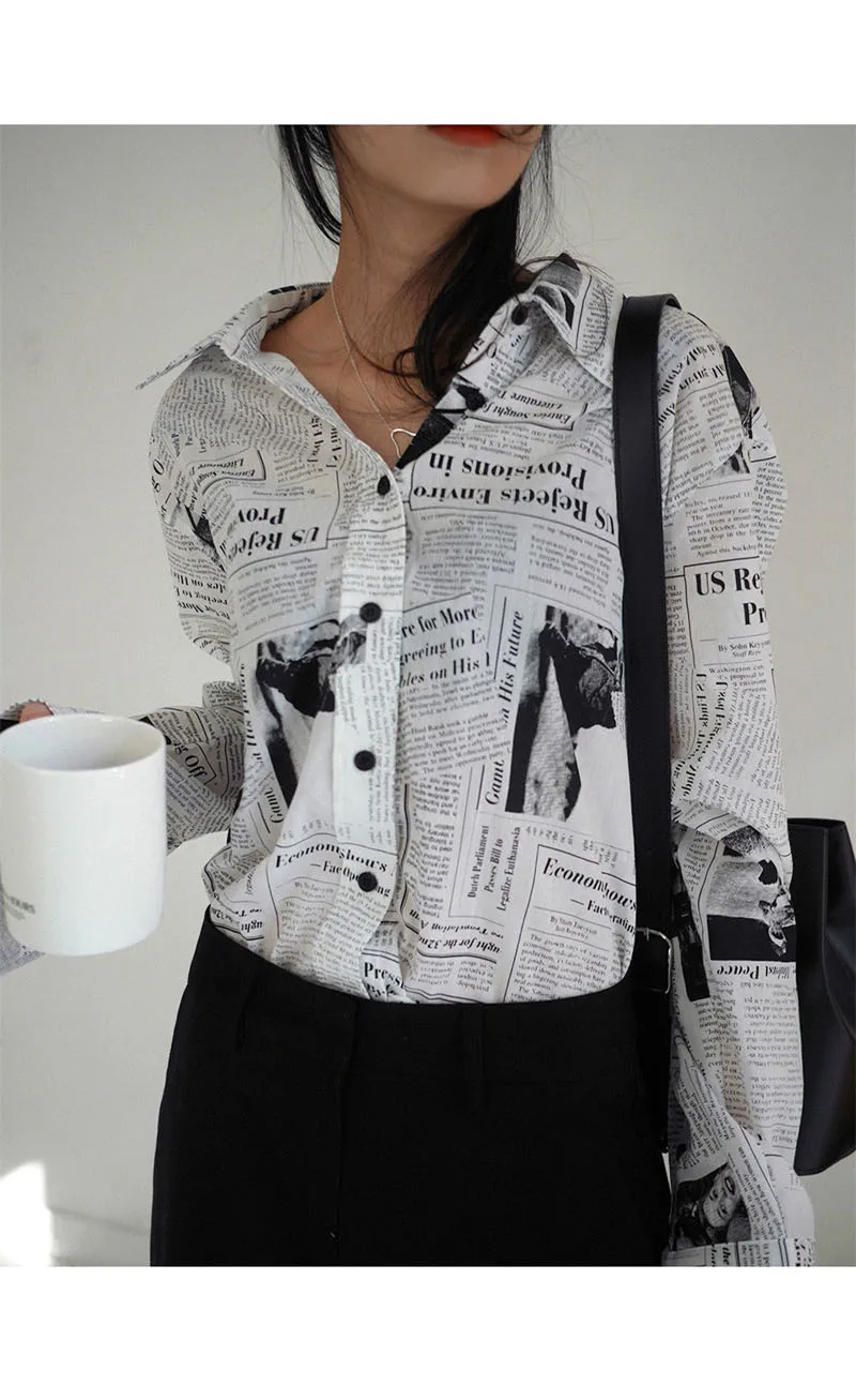Рубашка с принтом газет, с отложным воротником, повседневная, свободная, офисная, для девушек, Топ с длинным рукавом, модная, классная, с надписью, женская блуза T91012R