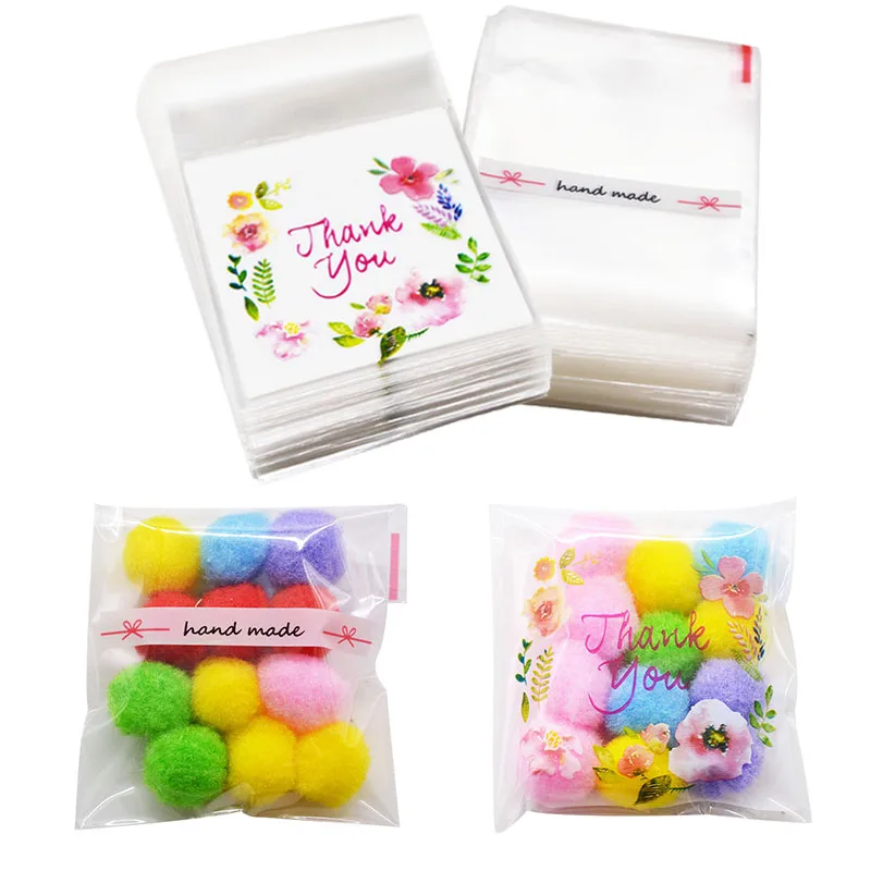50pcs/lot 7x7 10x10CM Plastic Cookie Gift Bag "hand made""Thank you" bags for Wedding Birthday Party Packaging Adhesive OPP Bags