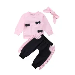 Осенне-зимние розовые топы с галстуком-бабочкой для новорожденных девочек, свитер с длинными рукавами черные штаны с оборками повязка на